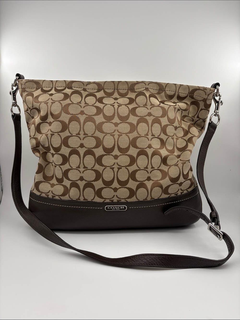 Coach Brown & Beige Signature Canvas Shoulder Bag with Dark Brown Leather Trim